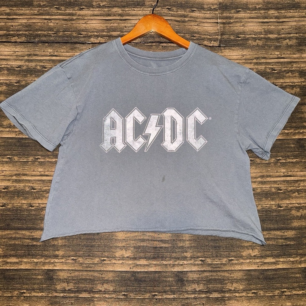 AC/DC Graphic T-Shirt Womens Large Gray Cropped Raw Hem Boxy Cotton Rock Band
